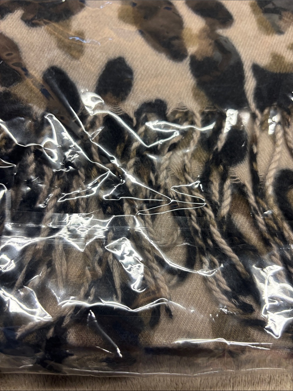 Leopard Print Beige and Black Fringe scarf - Picture 3 of 5
